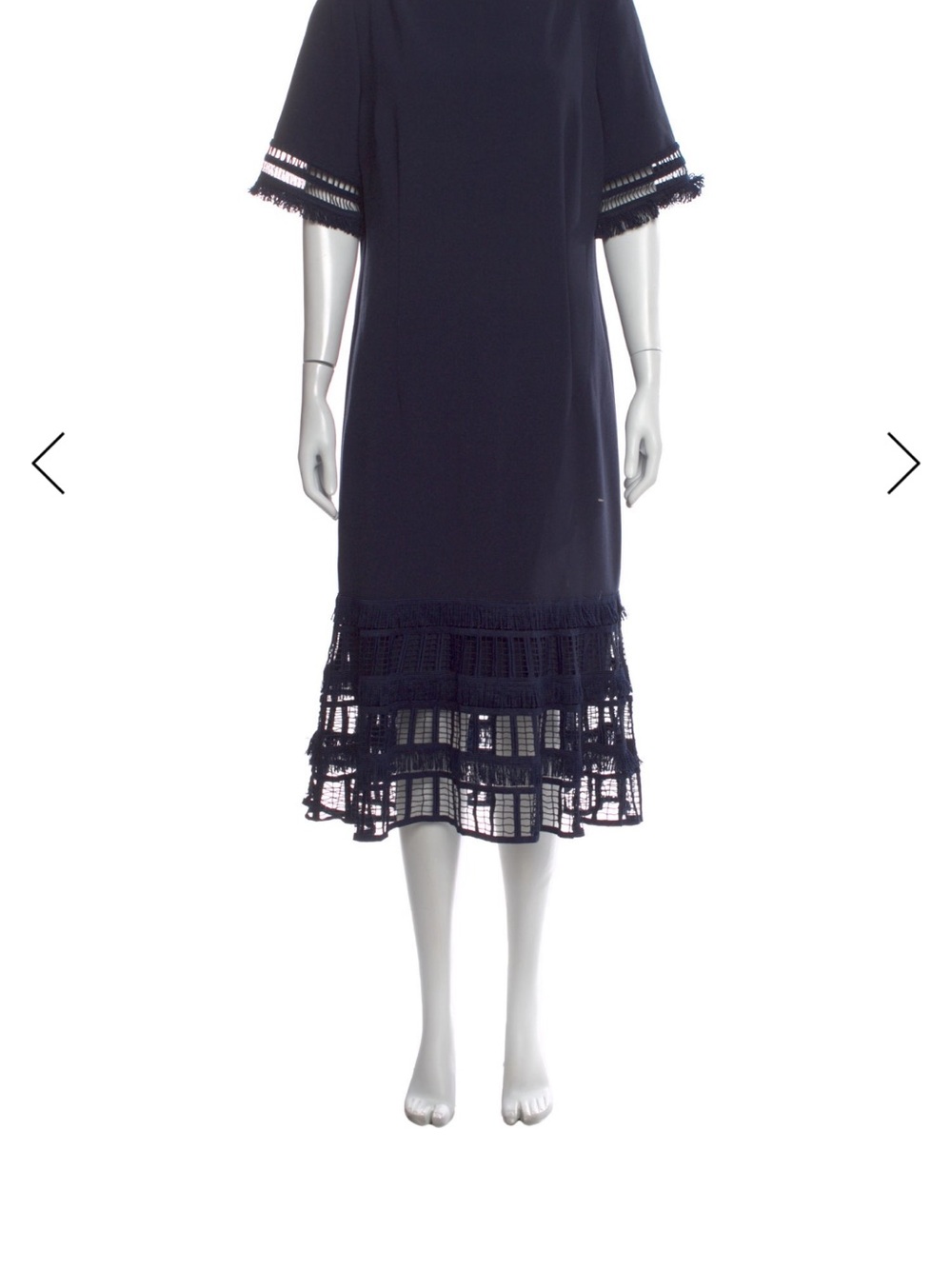 Lela Rose Navy Blue Shift Dress Crochet Lace Fringe Trim